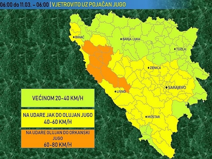 Narandžasto upozorenje širom BiH: Udari vjetra do 90 km/h