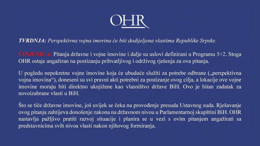 OHR se oglasio o državnoj i vojnoj imovini BiH